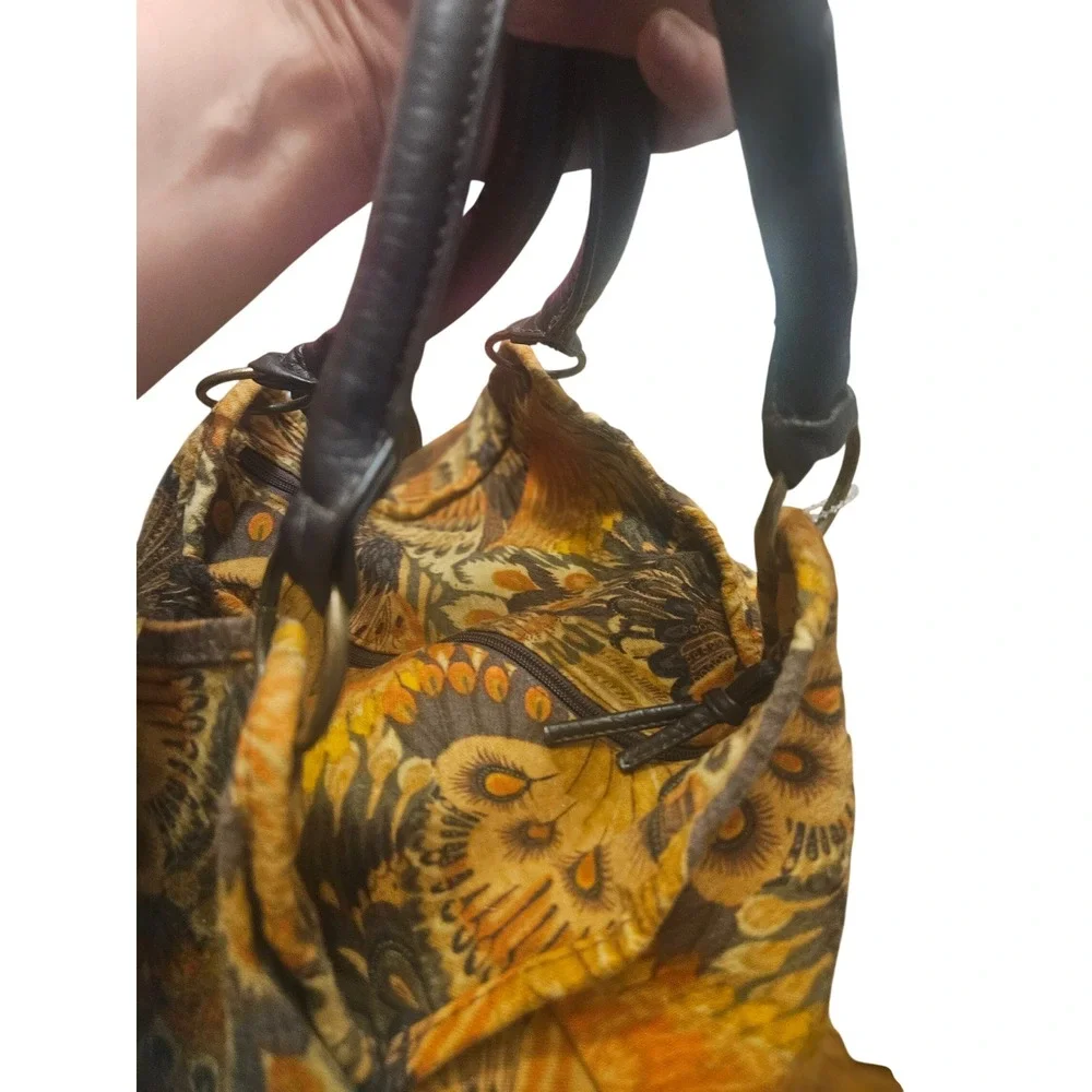 Peacock Feather Print Hobo Bag Orange Brown Tapestry Shoulder Tote